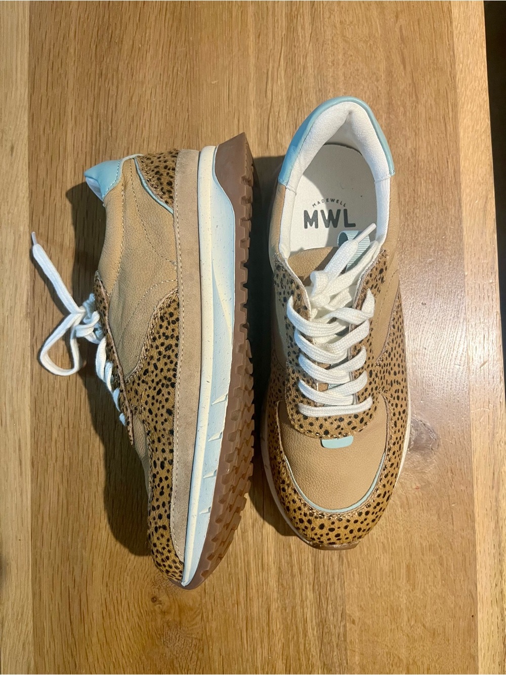 Madewell Kickoff Trainer Tan Leopard-Print and Light Blue Accent Sneakers